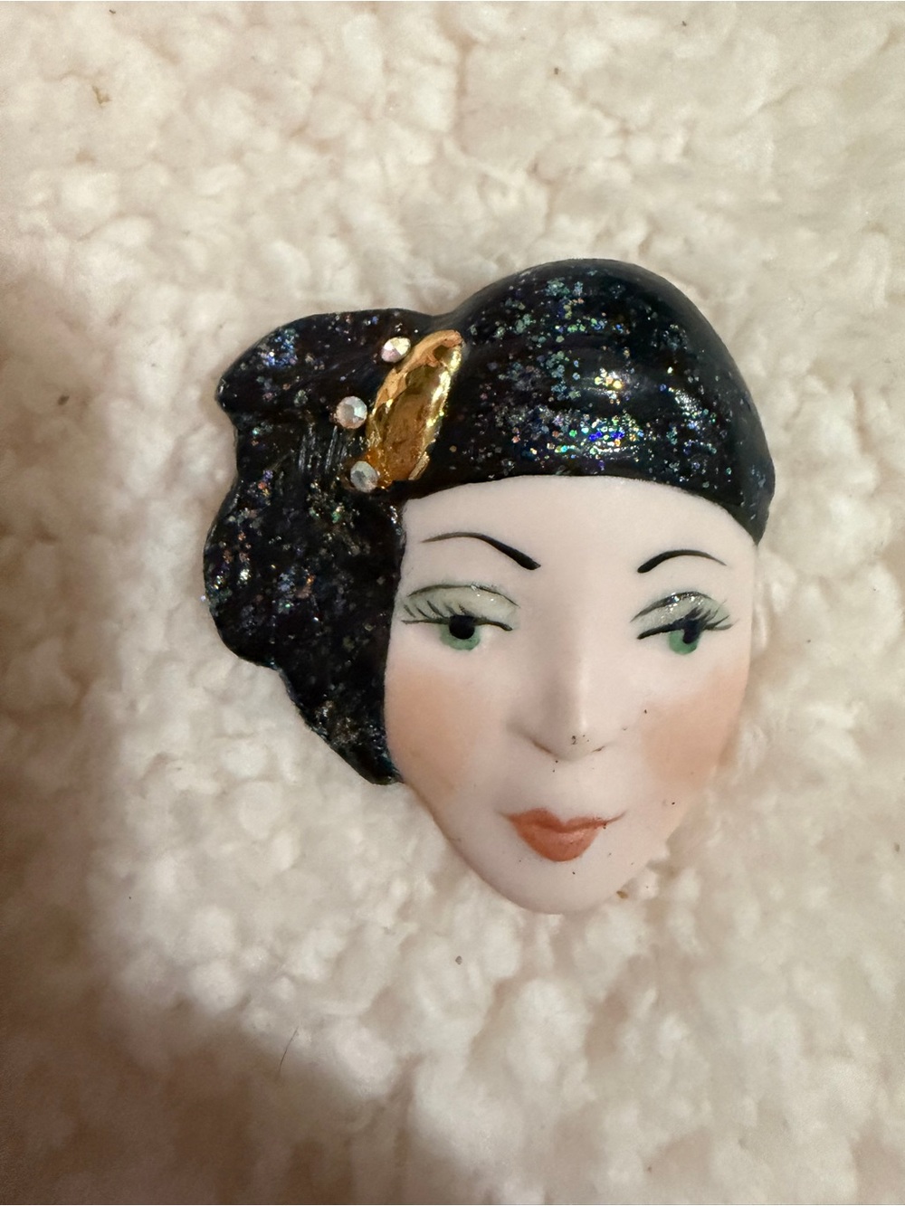 Pink Rose Black Glitter and Gold Accent Woman Face Brooch